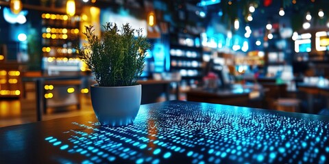 small business shop with digital binary data overlay