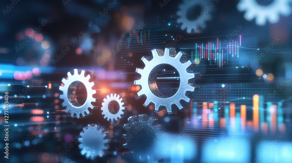 Aufkleber futuristic gears and digital graphs in a technology-driven environment