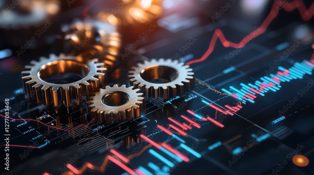 Poster brass gears on financial chart with rising graphs and data analysis