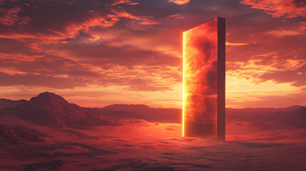 Surreal scene of an open door in a vast desert at sunset. Ancient Glowing Monoliths. Illustration