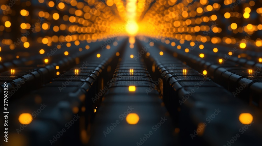 Poster a room illuminated by numerous rows of striking black and yellow lights, creating a vibrant and dyna
