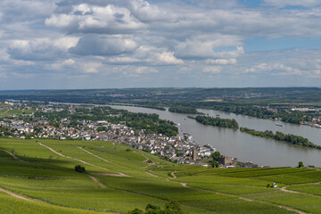 Fototapeta premium Aerial view of Rüdesheim am Rhein historic town on the Rhein River in Germany