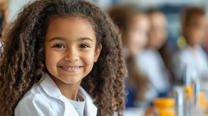 Happy african child in science class with lab coat smiling confidently in classroom setting