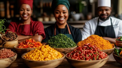 Obraz premium African chefs present vibrant dish ingredients in rustic kitchen setting