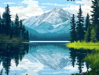 Naklejka premium A quiet mountain lake surrounded by fir trees