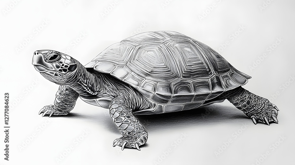 Poster detailed monochrome drawing of a turtle with intricate shell pattern and textured skin on a white ba