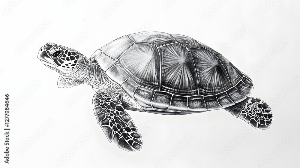 Poster monochrome drawing of a sea turtle, showing its textured shell and patterned flippers on white backd