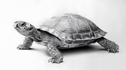 Fototapeta premium Detailed monochrome drawing of a turtle with intricate shell pattern and textured skin on a white background.
