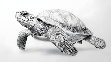 Obraz premium Detailed monochrome illustration of a sea turtle with textured shell and skin on a plain backdrop.