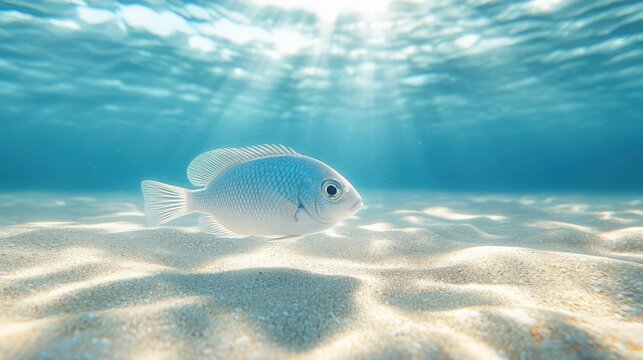 A serene underwater scene of a light blue fish swimming gracefully over soft sandy seabed, illuminated by sunlight from above.
