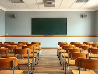 Empty classroom with vintage tone wooden chairs. Back to school concept.
