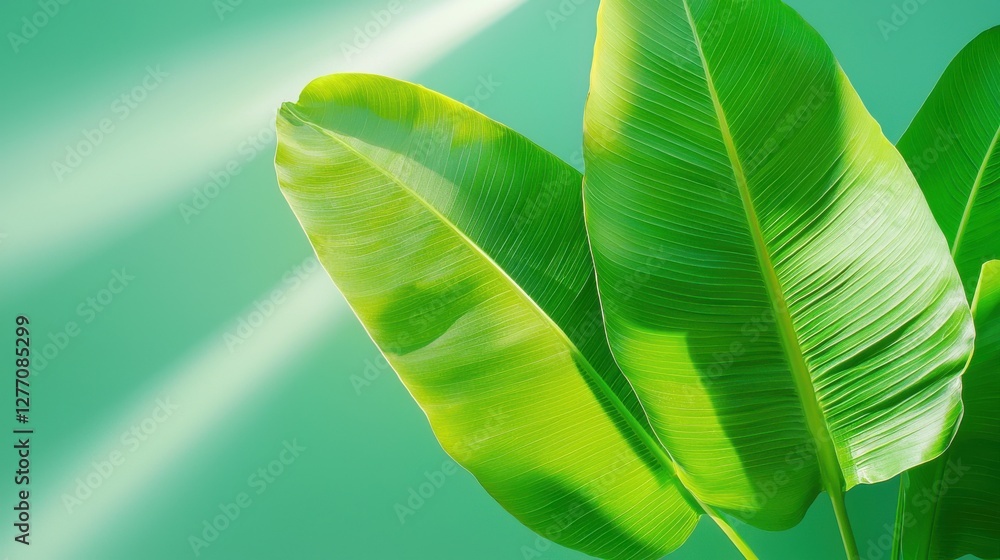 Poster sunlight filtering through banana leaves nature scene tropical environment close-up view botanical c