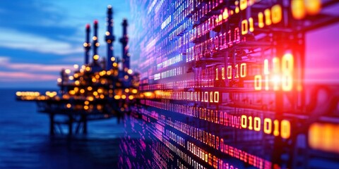 oil rig with digital binary data overlay