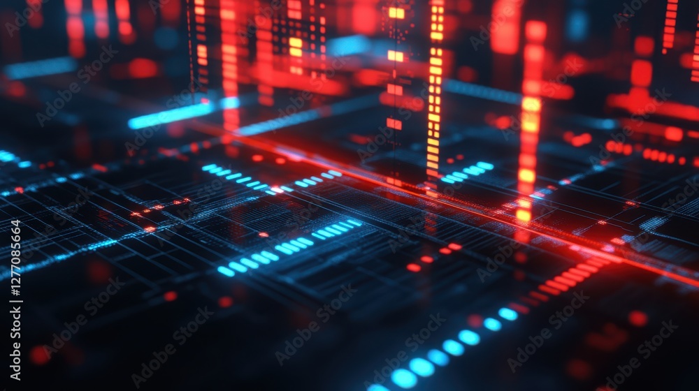 Poster a detailed close-up view of a computer circuit board illuminated by vibrant red and blue lights, sho