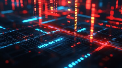 Obraz premium A detailed close-up view of a computer circuit board illuminated by vibrant red and blue lights, showcasing intricate electronic components and connections.