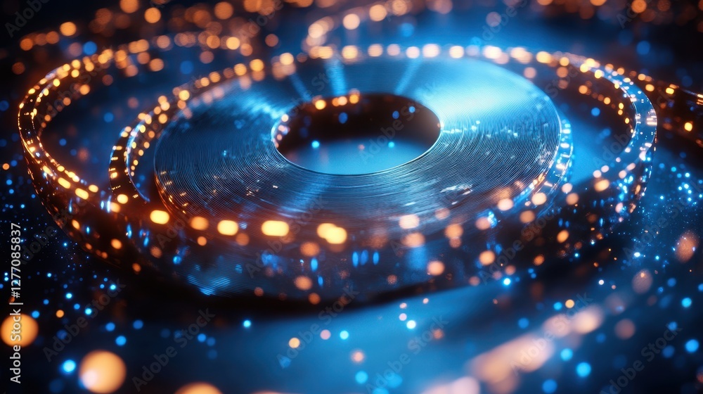 Aufkleber a close-up view of a blue circular object illuminated by numerous small lights, showcasing intricate