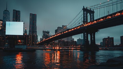 Naklejka premium brooklyn bridge at night with white screen mockup
