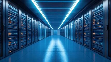 A top-down view of an extensive hallway lined with numerous servers, showcasing a modern data center's organized and efficient layout.