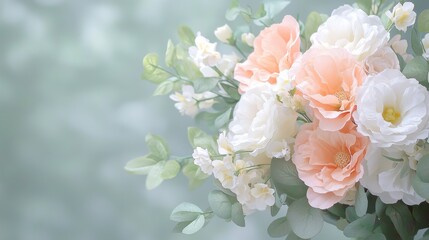 Obraz premium Elegant wedding bouquet of white and pastel flowers floral arrangement romantic setting soft focus