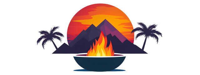 Logo, a vector graphic of a fire pit with palm trees and mountains in the background
