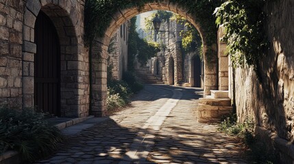 Obraz premium a beautifully preserved ancient stone archway standing in a quiet European alley, with soft ambient light casting long shadows on the textured cobblestone path.