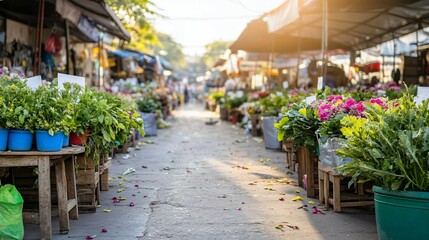 Obraz premium Flower market alley, vibrant blooms, bustling shoppers, sunny day, travel