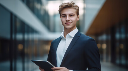 Fototapeta premium Corporate Portrait: A young, handsome businessman, impeccably dressed in a tailored suit, exudes confidence as he poses with a tablet, set against the backdrop of a modern architectural building.