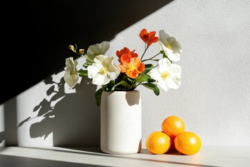 Tropical flowers and fruits still life arrangement bright indoor setting elegant decor modern aesthetic