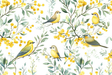 A delicate watercolor seamless spring pattern on a white background. Featuring bright yellow mimosa flowers, small birds on branches, soft green leaves, and warm golden sun motifs.