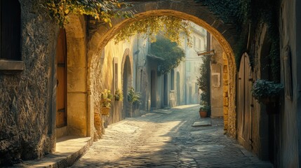 Fototapeta premium a beautifully preserved ancient stone archway standing in a quiet European alley, with soft ambient light casting long shadows on the textured cobblestone path.