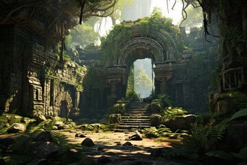 Sunlit Ancient Ruins Deep in the Jungle