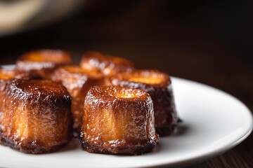 moody, rustic setting featuring a plate of canelés with a perfectly caramelized crust.