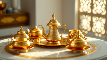 ornate golden tea set on elegant table