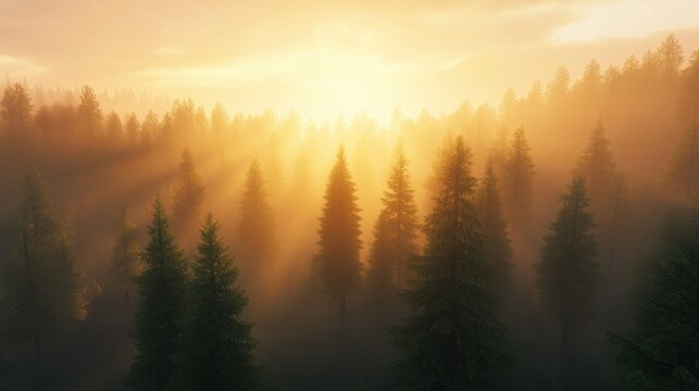a breathtaking misty forest landscape at sunrise, with rays of golden light filtering through the tall pine trees, creating a peaceful and cinematic atmosphere.