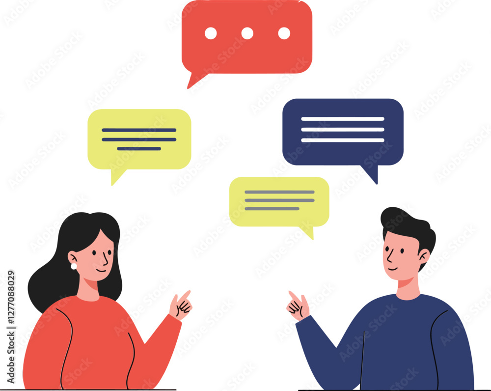 Poster engaging conversation between a man and a woman in a flat design style with colorful speech bubbles 