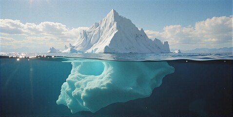 A lone iceberg floats, its tip visible above water, vast mass hidden below