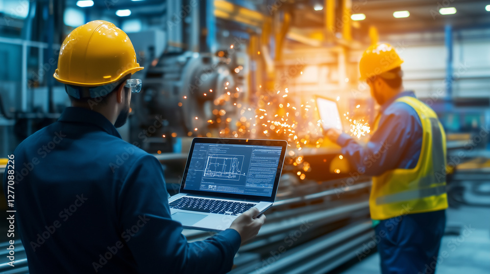 Poster high-tech modern factory collaboration with machinery and data analysis