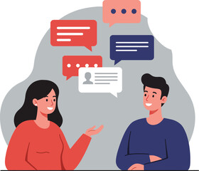 Engaging conversation between two friends in a modern flat design style vector illustration with speech bubbles expressing ideas and emotions
