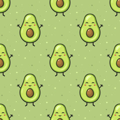 Kawaii avocado vector seamless pattern. Stylized vector character with smiling face, hands and legs on green background.