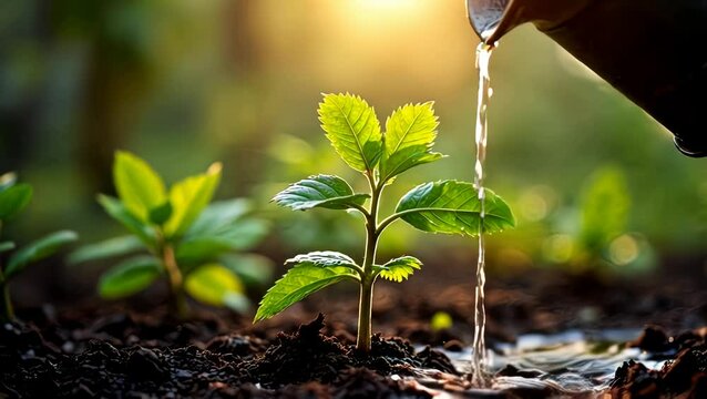 Nurturing New Life: Watering a Young Plant in the Golden Sunlight