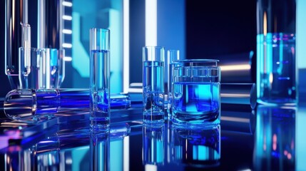 close-up of high-tech laboratory glassware, including test tubes and flasks filled with vibrant liquid solutions, placed on a sleek reflective surface.