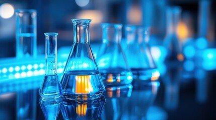 close-up of high-tech laboratory glassware, including test tubes and flasks filled with vibrant liquid solutions, placed on a sleek reflective surface.