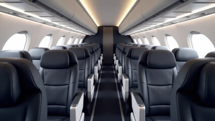Fototapeta premium Aircraft cabin mockup showcasing modern, comfortable seating with overhead storage and ample lighting