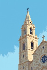 Fototapeta premium Tall stone church bell tower, minimalist flat color illustration, clear blue sky background, copyspace on the left, bright daylight