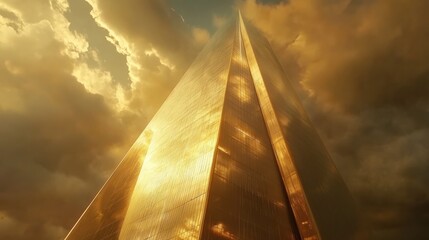 a futuristic glass skyscraper reflecting the golden hues of the sunset, captured from a low-angle perspective, emphasizing the sleek design and towering height.