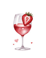 Watercolor illustration of a wine glass filled with red liquid, garnished with a fresh strawberry and heart-shaped details. A romantic and elegant composition, perfect for Valentine’s Day, wedding 