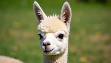 Obraz premium A baby alpaca with its ears perked up, standing in a grassy field.