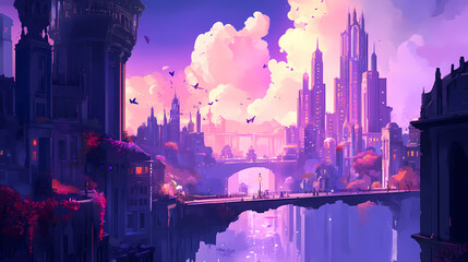 Side view of a whimsical fantasy world merging with an urban landscape, surreal lighting casting vibrant shadows. Phantasmagoric Dream City. Illustration