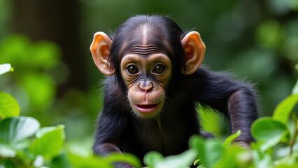 A baby chimpanzee with large ears is peeking through green foliage.