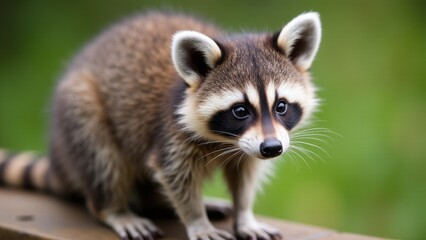 Fototapeta premium A baby raccoon with fluffy fur and a distinctive striped tail is perched on a wooden surface.